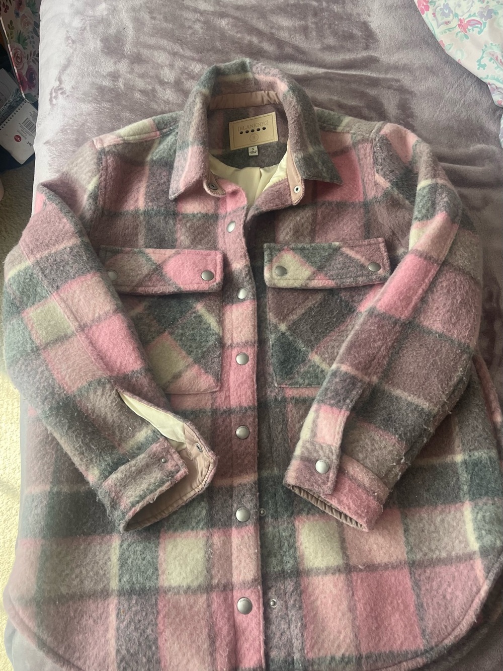 Womens Plaid Snap-Front Wool-Blend Jacket - Pink & Gray
